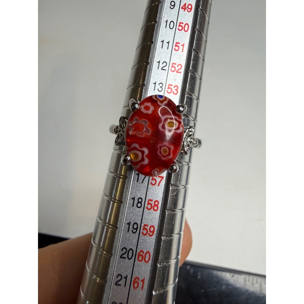 Millefiori Glass Ring Red Floral Murano Style Silver Tone Size 7.5